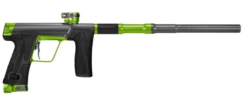 Black and green paintball gun on a white background