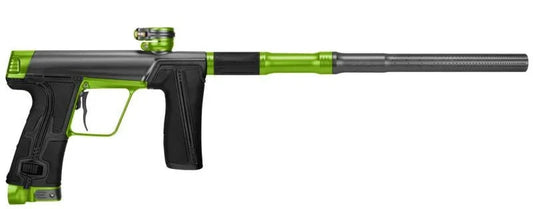 Black and green paintball gun on a white background